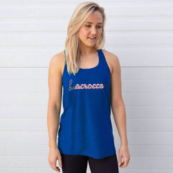 Woman wearing a blue tank top with a lacrosse script against a light gray background