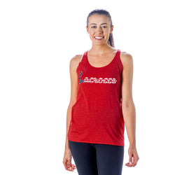 Woman wearing a red tank top with a lacrosse script design on a white background