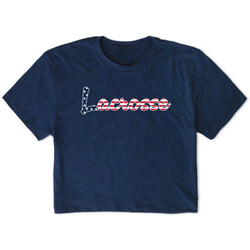 Navy crop tee with lacrosse script design.
