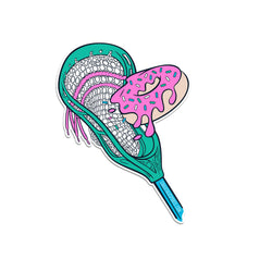 Colorful illustration of a lacrosse stick with a donut on a white background