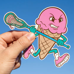 Sticker of a cartoon ice cream cone character holding a lacrosse stick against a blue background