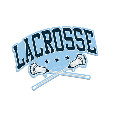 Lacrosse sticker with crossed sticks and 'Lacrosse' text on a light blue background
