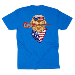 Blue t-shirt with a graphic of a dog wearing sunglasses and an American flag bandana, holding a lacrosse stick.