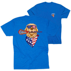 Blue t-shirt with a graphic of a dog wearing sunglasses and an American flag bandana, holding a lacrosse stick.