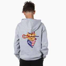 Person wearing a gray hoodie with american lacrosse dog design on the back.