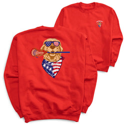 Red sweatshirt with a graphic of a dog wearing sunglasses and an American flag bandana, on a white background.
