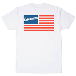 White t-shirt with American flag design and 'Lacrosse' text on a white background