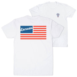 White t-shirt with 'Lacrosse' usa flag design on a white background