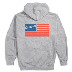 Gray hoodie with a red, white, and blue flag design on the back against a white background