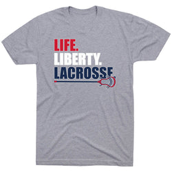 Gray short sleeve tee with Life Liberty Lacrosse text and lacrosse stick.