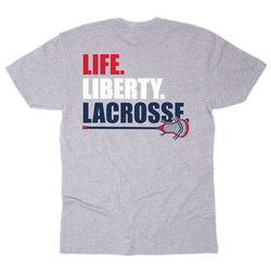 Gray t-shirt with 'Life. Liberty. Lacrosse' text and lacrosse stick graphic on a white background