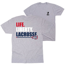 Gray t-shirt with 'Life. Liberty. Lacrosse' text and lacrosse stick graphic on a white background