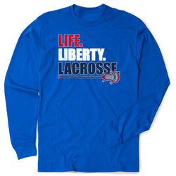 Blue long-sleeve shirt with 'Life. Liberty. Lacrosse.' text design on a white background