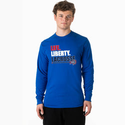 Man wearing a blue long-sleeve shirt with 'Life Liberty Lacrosse' text on a white background