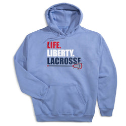 Light blue hoodie with 'Life. Liberty. Lacrosse' text and graphic on a white background