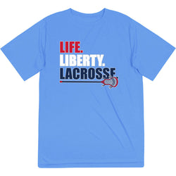 Blue t-shirt with 'Life. Liberty. Lacrosse' text and lacrosse stick graphic on a white background