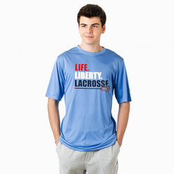 Person wearing a blue t-shirt with 'Life Liberty Lacrosse' text on a white background