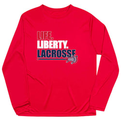 Red long-sleeve shirt with 'Life. Liberty. Lacrosse' text and lacrosse stick graphic on a white background