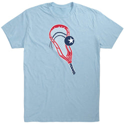 Light blue t-shirt with a red and white lacrosse bet and star design on a white background