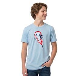 Person wearing a light blue t-shirt with a graphic design on a white background