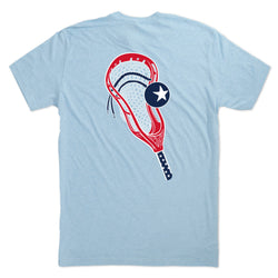 Light blue t-shirt with a red and white lacrosse stick graphic on the back against a white background