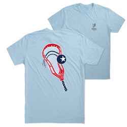 Light blue t-shirt with a lacrosse net and ball graphic on a white background