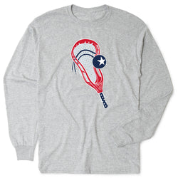 Gray long-sleeve shirt with a red and blue lacrose stick graphic design on a white background