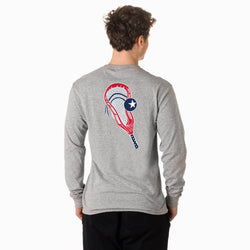 Person wearing a gray long-sleeve shirt with a lacrosse stick graphic on the back, on a white background