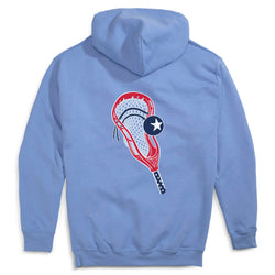 Light blue hoodie with a lacrosse stick and star design on the back against a white background