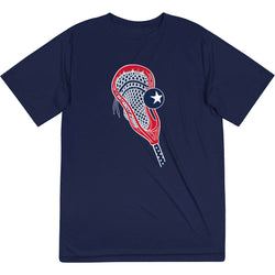 Navy blue t-shirt with a lacrosse stick graphic on a white background