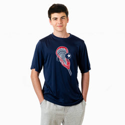 Person wearing a navy blue t-shirt with a lacrosse stick design on a white background