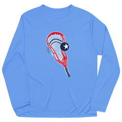 Blue long-sleeve shirt with a lacrosse stick and ball design on a white background