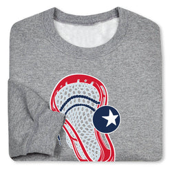 Gray sweatshirt with a red, white, and blue lacrosse graphic design on a white background