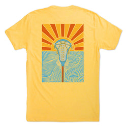 Yellow t-shirt with a lacrosse sunset design on the back against a white background