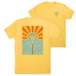 Yellow t-shirt with a sunset lacrosse design on a white background