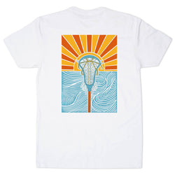 White t-shirt with a lacrosse design on the back against a white background