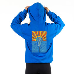 Royal blue hoodie with a colorful sunset lacrosse graphic on the back against a white background