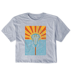Gray t-shirt with a colorful lacrosse design on a white background