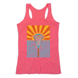 Pink tank top with a colorful lacrosse design on a white background