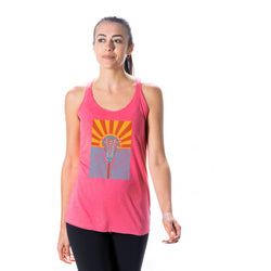 Woman wearing a pink tank top with a sunset lacrosse graphic design on a white background
