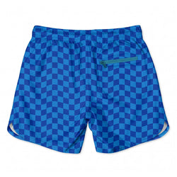 Blue checkered shorts with a pocket on a white background