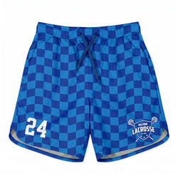 Blue checkered shorts with number 24 and lacrosse logo on a white background