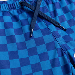 Blue checkered shorts with a drawstring on a matching blue background