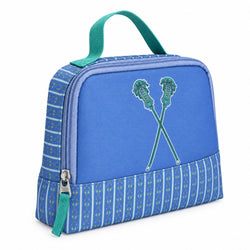 A blue accessory bag with a top handle, featuring a crossed lacrosse design on the front and striped patterned sides, set against a plain white background.
