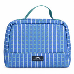 A blue and white striped accessory bag with a teal top handle and a navy Chalktalk Sports logo patch on the front, shown against a plain white background.