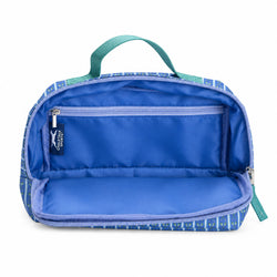 An open blue accessory bag with a teal handle and a patterned exterior, showing a zippered interior compartment on a white background.