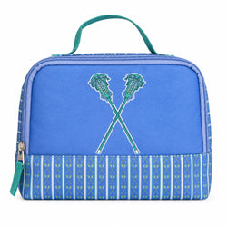 A blue zippered accessory bag with a top handle, featuring a graphic of two crossed lacrosse sticks on the front and a blue and white striped patterned bottom section.