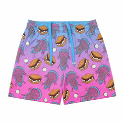 A pair of shorts featuring a vibrant pink and purple gradient background with a repeating pattern of lacrosse sticks, smores, and white lacrosse balls. The shorts have a bright blue elastic waistband and a matching blue drawstring.