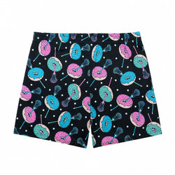 Black shorts with a colorful pattern of pink and blue frosted donuts and  lacrosse sticks on a white background.