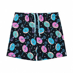 Black shortswith a colorful donut and lacrosse pattern, featuring a light blue drawstring on a white background.